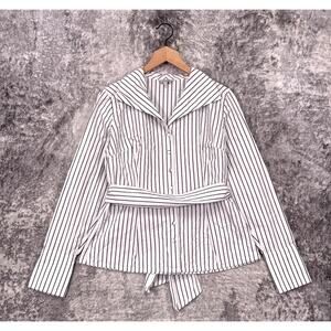 J Peterman Top 8 Womens White Cotton Striped Button Down Tie Waist Shirt Blouse